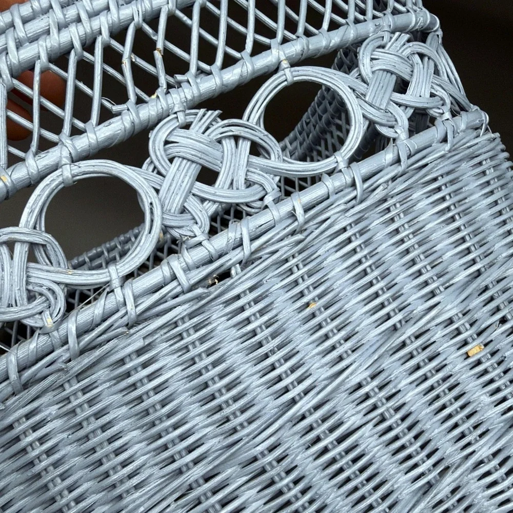 VTG Wicker Basket Light Blue Painted Braided Knot Openwork Lattice Decor